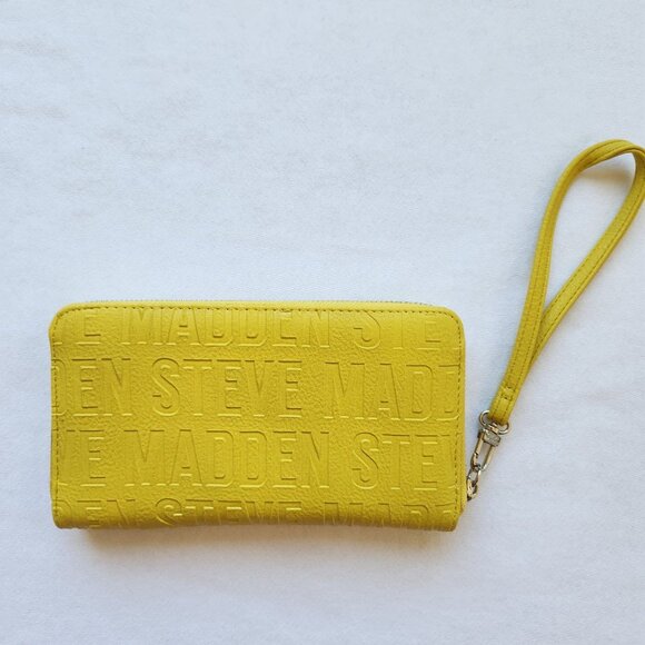 Steve Madden Yellow Embossed Logo Zip-Around Wallet Wristlet Bag Strap Fun - Picture 2 of 7